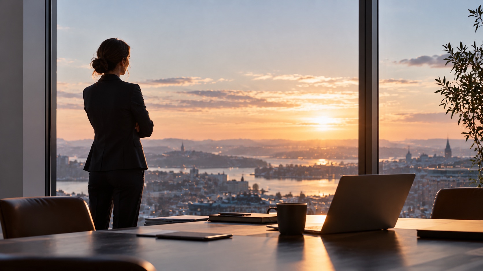 A finance leader stands at a tall office window at sunset, looking out over a city and its harbour.