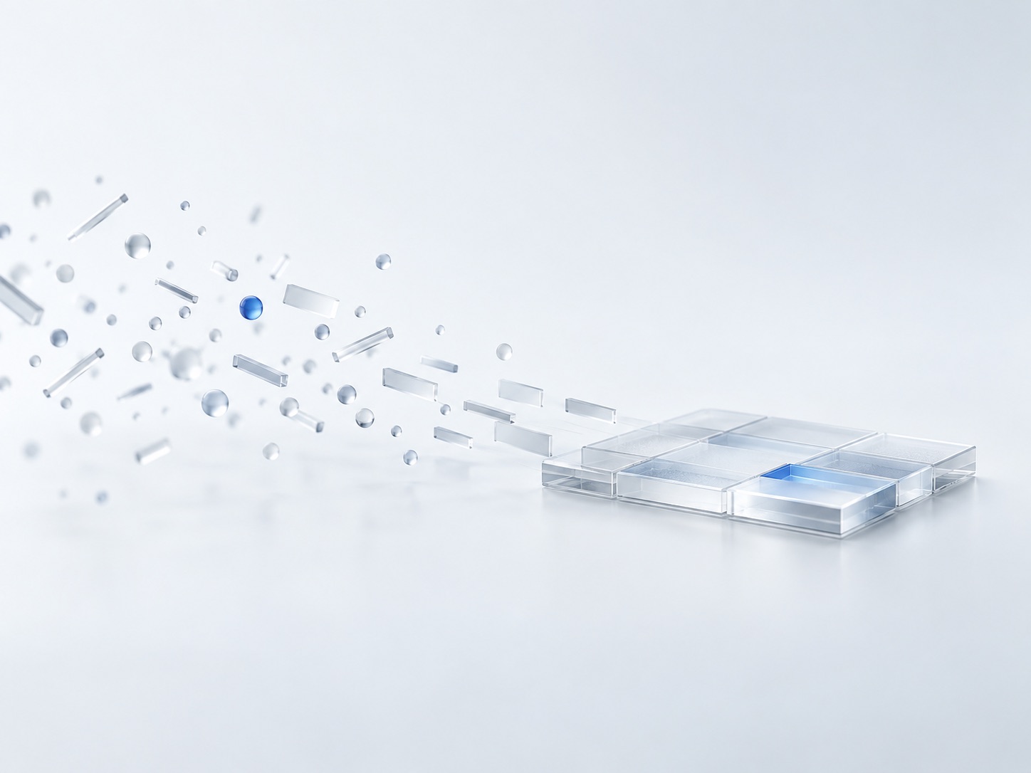 Scattered glass fragments flowing into an ordered grid of glass tiles, one tile lit blue.