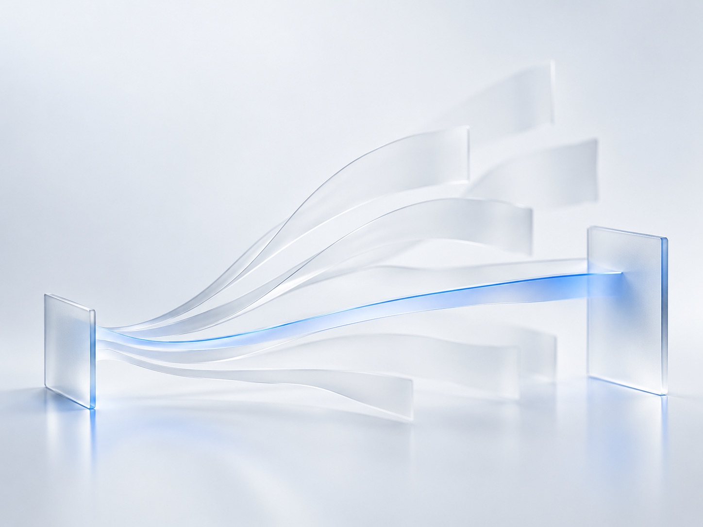 Translucent ribbons fanning out between two glass panels, with one path glowing blue.